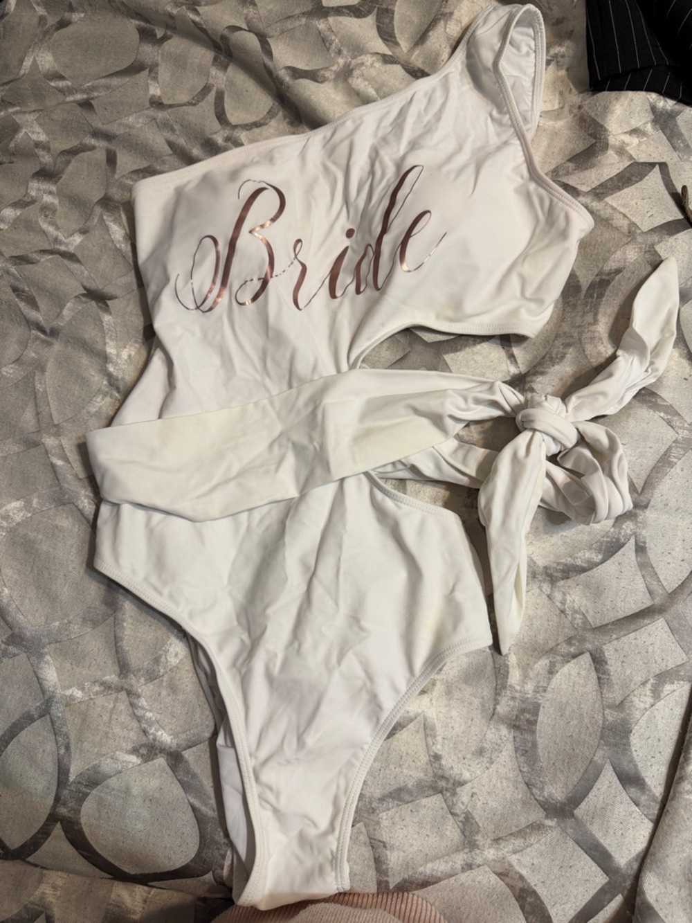 Bride One-Shoulder White Swimsuit with Rose Gold Script